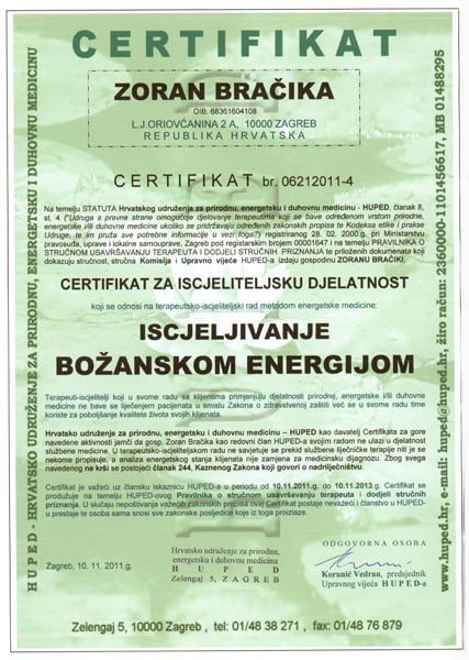 Riconoscimento professionale di dottore in medicina energetica — Zoran Bračika