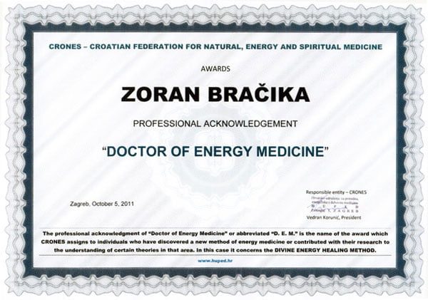 Riconoscimento professionale di dottore in medicina energetica — Zoran Bračika