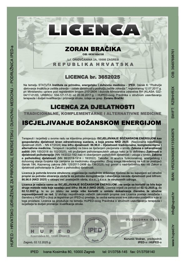Licenza per il metodo di guarigione con l'energia divina — Zoran Bračika